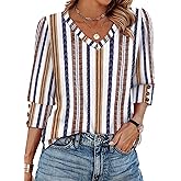 XIEERDUO Womens 3/4 Sleeve Tops with Buttons V-Neck Summer Outfits Casual Blouses Shirts Beach Vacation Fall Clothes 2025