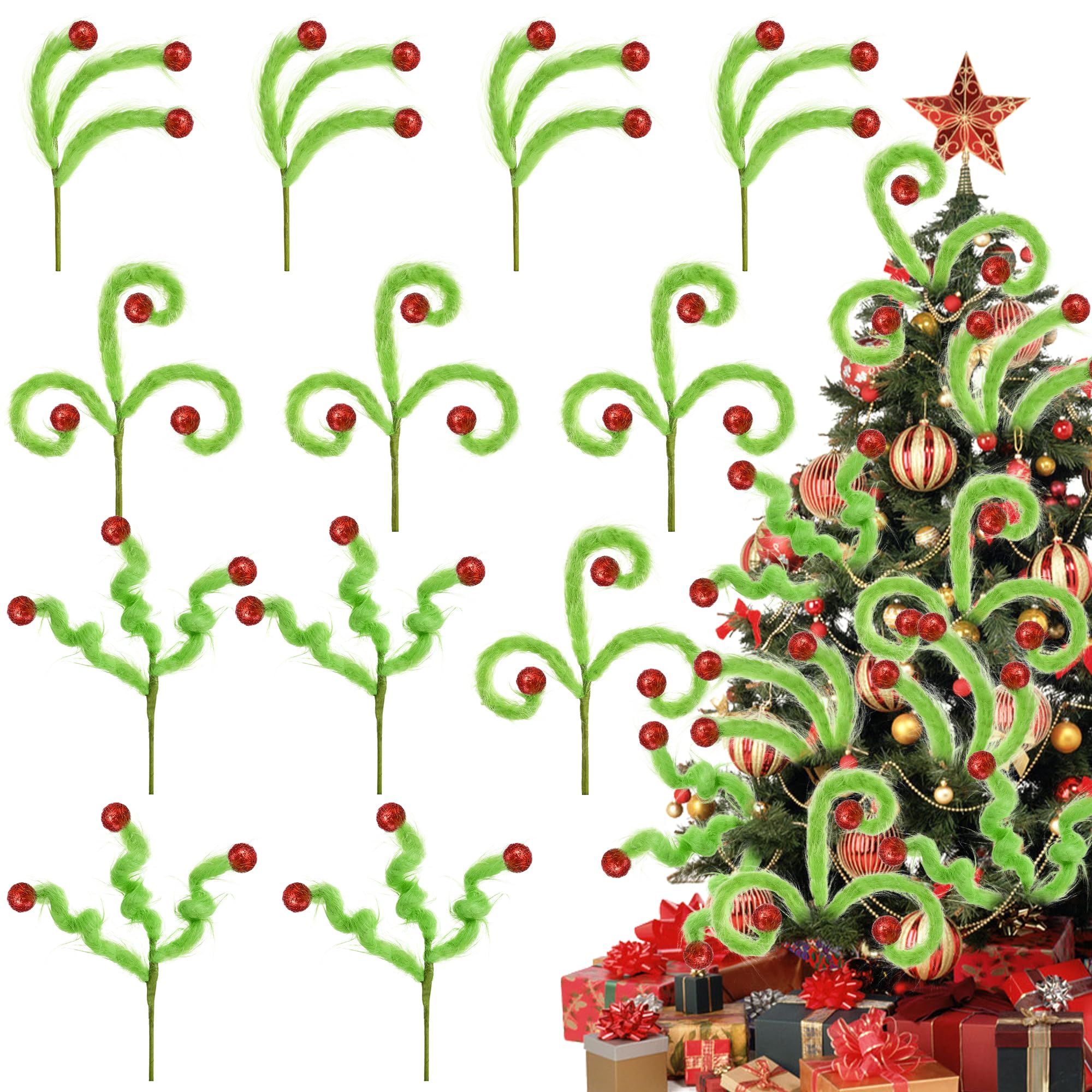 Photo 1 of 12 Pcs Christmas Tree Topper 3 Style Lime Green Furry Curly Spiral Stems Ornament with Red Ball Decoration for Xmas Tree Picks Wreath Garland Vase Filler Home Office Craft Holiday Party Decor