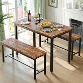Tatub Dining Table Set for 4, 3-Piece Kitchen Table with 2 Benches | Kitchen Table and Chair Set，Dining Table with Chair, Space-Saving Dining Room Set for Breakfast Nook, Apartment, Metal Frame