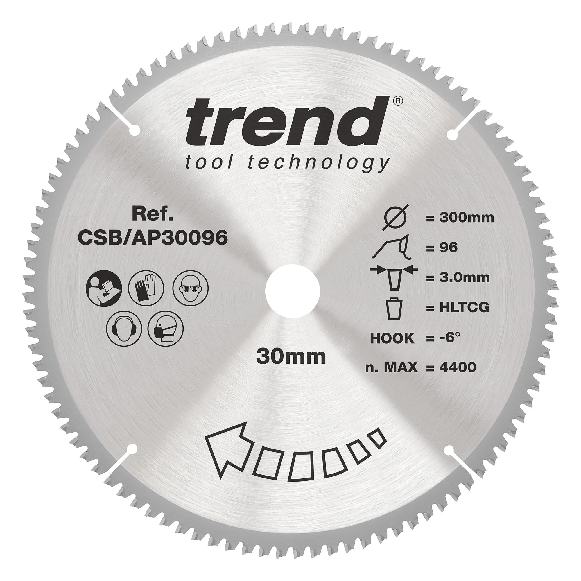 Trend Aluminium & Plastic Circular Saw Blade, 300mm Diameter, 30mm Bore, 96 Teeth, 3mm Kerf, -6° Hook, TCT, Extra-Fine Finish, CSB/AP30096