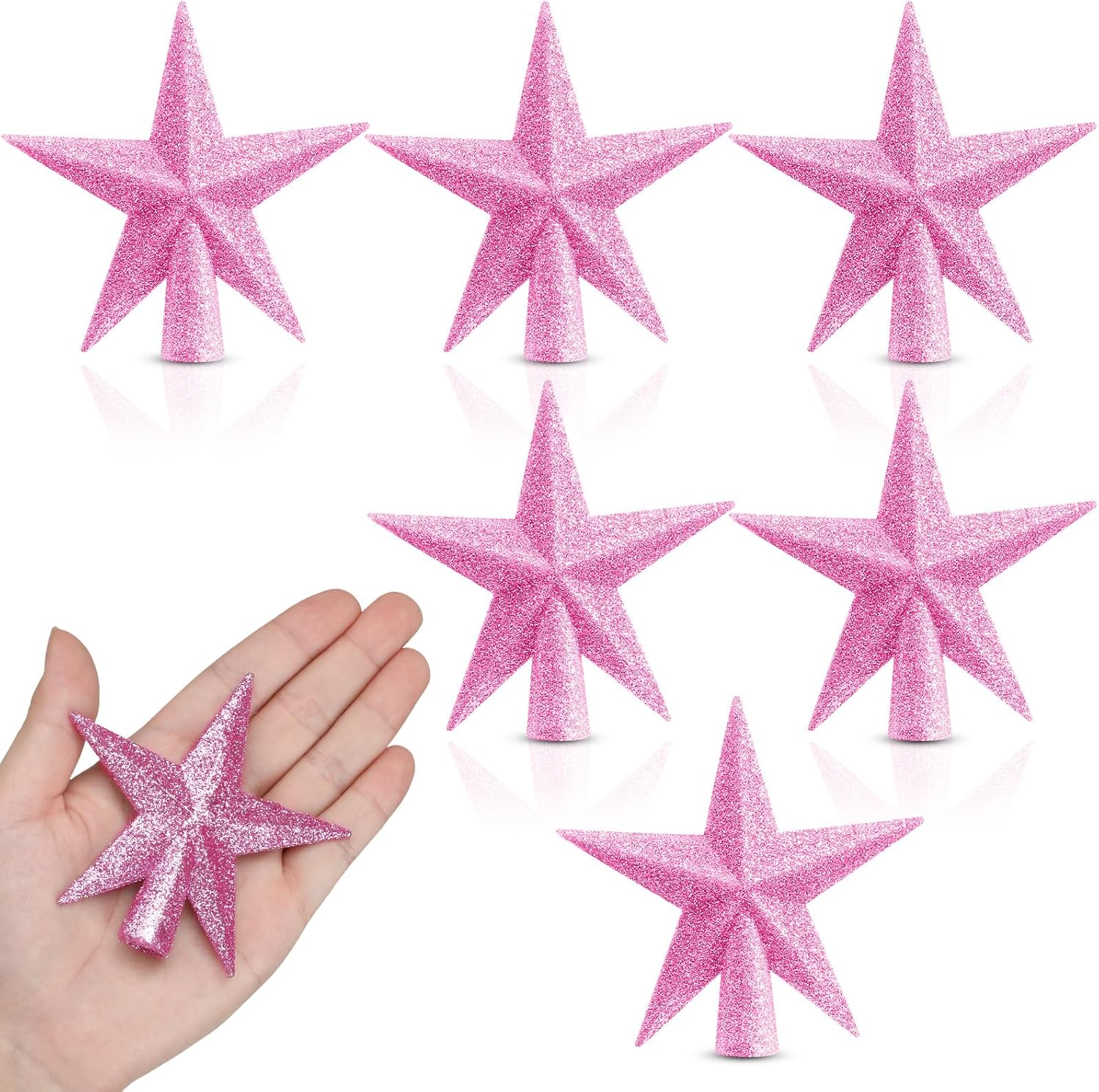 Tree Toppers - Hiboom 6 Pieces Mini Star Christmas Tree Topper Glittered Christmas Tree Star for Xmas Tree Party Decoration Holiday Outdoor Indoor Home Ornaments (Pink)
