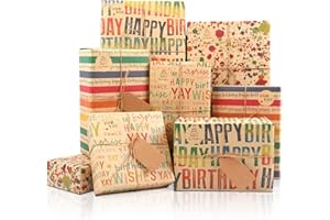 MAMUNU Birthday Wrapping Paper, 8 Sheets Brown Kraft Recycled Gift Wrapping Paper, Colorful Happy Birthday Gift Wrapping Paper Set with Stickers and Tags for Kids Women Men Birthday All Occasions, 20×28 Inch