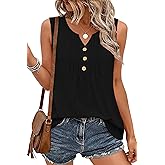 SAUKOLE Womens Summer Sleeveless Tank Top V Neck Buttons Pleated Shirts Dressy Casual Loose Tops Blouses