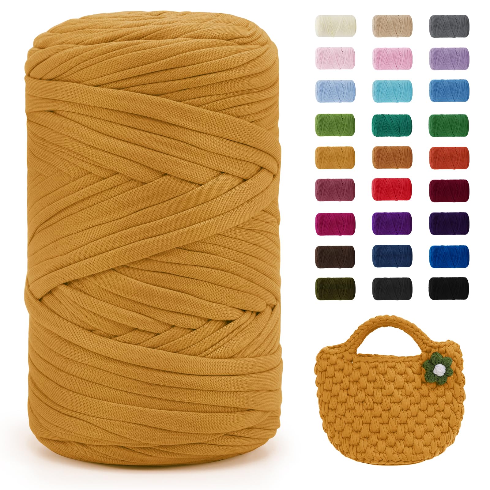 Uiopa Yellow T-Shirt Yarn, 400g/120m Elastic Fabric Crochet Cloth T Shirt Yarn, Chunky Hand Knitting Polyester Ribbon for Crocheting Bags/Baskets/Rugs, Home Decor, DIY Crafts