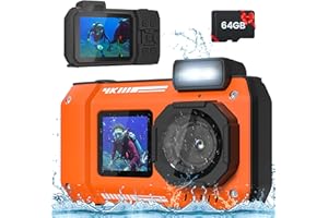 FOHOA 33FT Underwater Camera 4K 48MP Waterproof Camera Rugged Dustproof Shockproof, Autofocus Selfie Dual-Screen Underwater Camera for Snorkeling Diving Sport Floatable Digital Camera with 64GB Card(Orange)