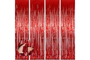 KEYALI 4 Pack 3.3 * 8.3 ft Foil Curtain Metallic Tinsel Fringe Curtains Photo Booth Props Backdrop for Birthday Wedding Engagement Baby Shower Christmas Holiday Celebration Party,Red