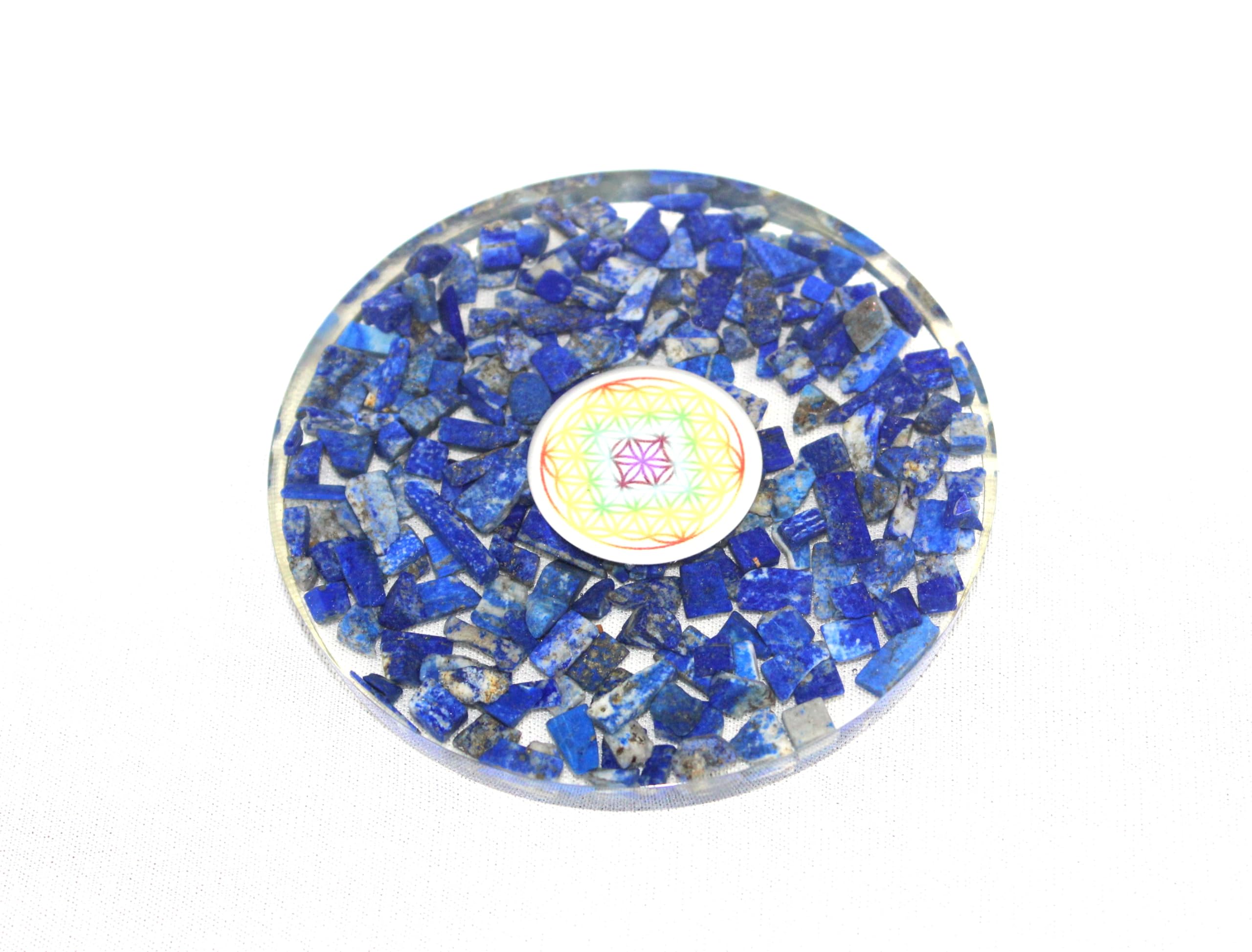 Prajet Energized Lapis Lazuli Orgone Tea Coaster Flower of Life Round 3.5 Inch Diameter Approx. Useful in Vastu, feng shui, space personal healing