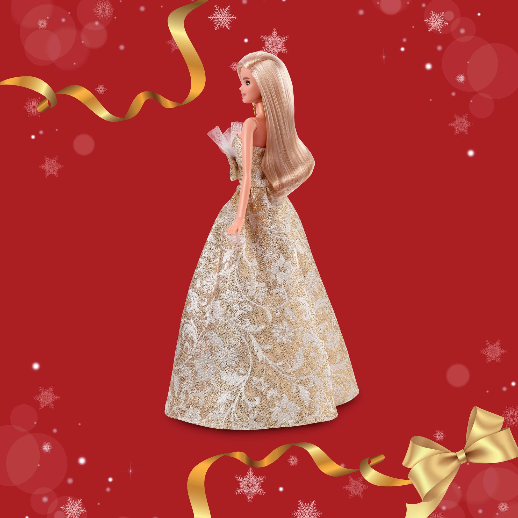 Barbie Signature 2025 Holiday Blonde Fashion Doll Wearing Silver & Gold Gown, Seasonal Collector in Displayable Packaging & Stand