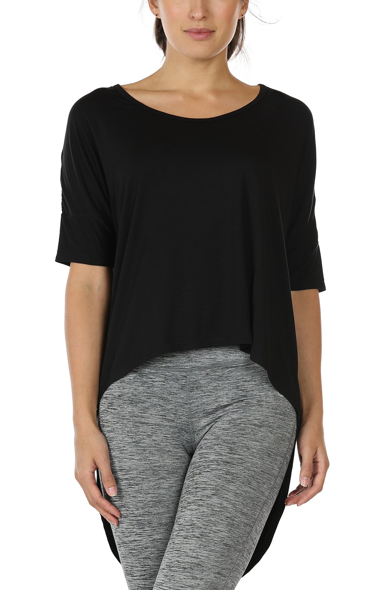 icyzone Yoga Tops for Women - Open Back Workout Top Moisture Wicking Running Shirts Casual Loose Blouses Long Back T-Shirts (M, Black)