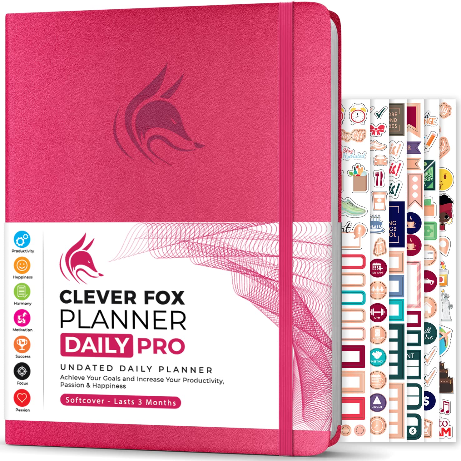 Clever Fox Planner Daily PRO - Daily Life Planner and Gratitude Journal to Increase Productivity, Time Management and Hit Your Goals, Undated, A4 Size - 21.5x28cm, Lasts 3 Months (Dark Pink)