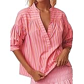 Ymejia Womens Short Puff Sleeve Striped Blouses Top V Neck Loose Fit Casual Summer Work Blouses Striped Shirt