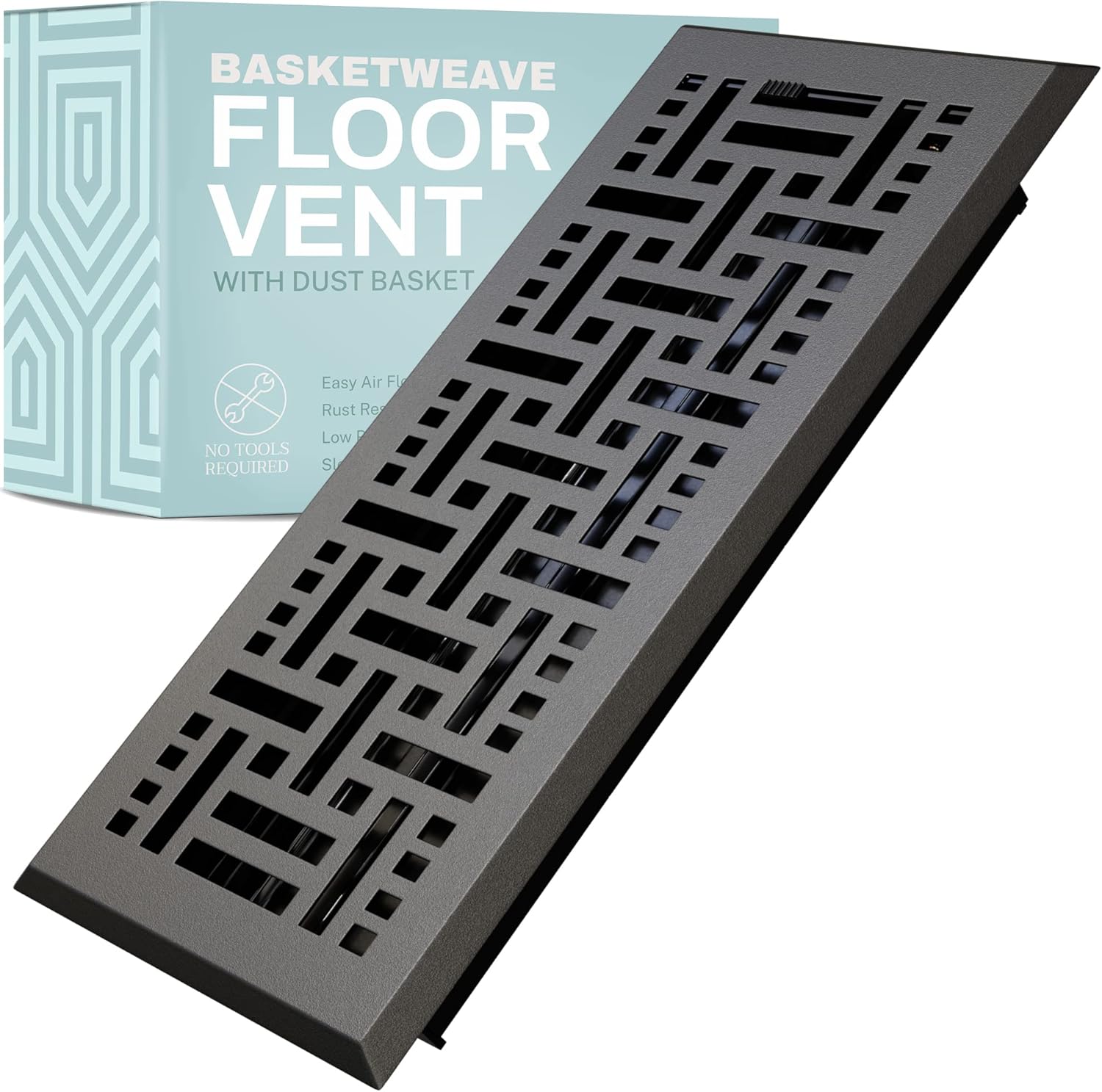 Registers, Grilles & Vents - Home Intuition Basketweave 2x10 Inch Decorative Floor Register Vent with Mesh Cover Trap, Dark Grey