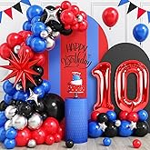 10th Birthday Party Decoration for Boys, 10th Birthday Balloons Arch with Royal Blue Black Red Silver Balloon Star Foil Balloons Red Number 10 Balloon for 10 Year Old Teens Boys Party Decor