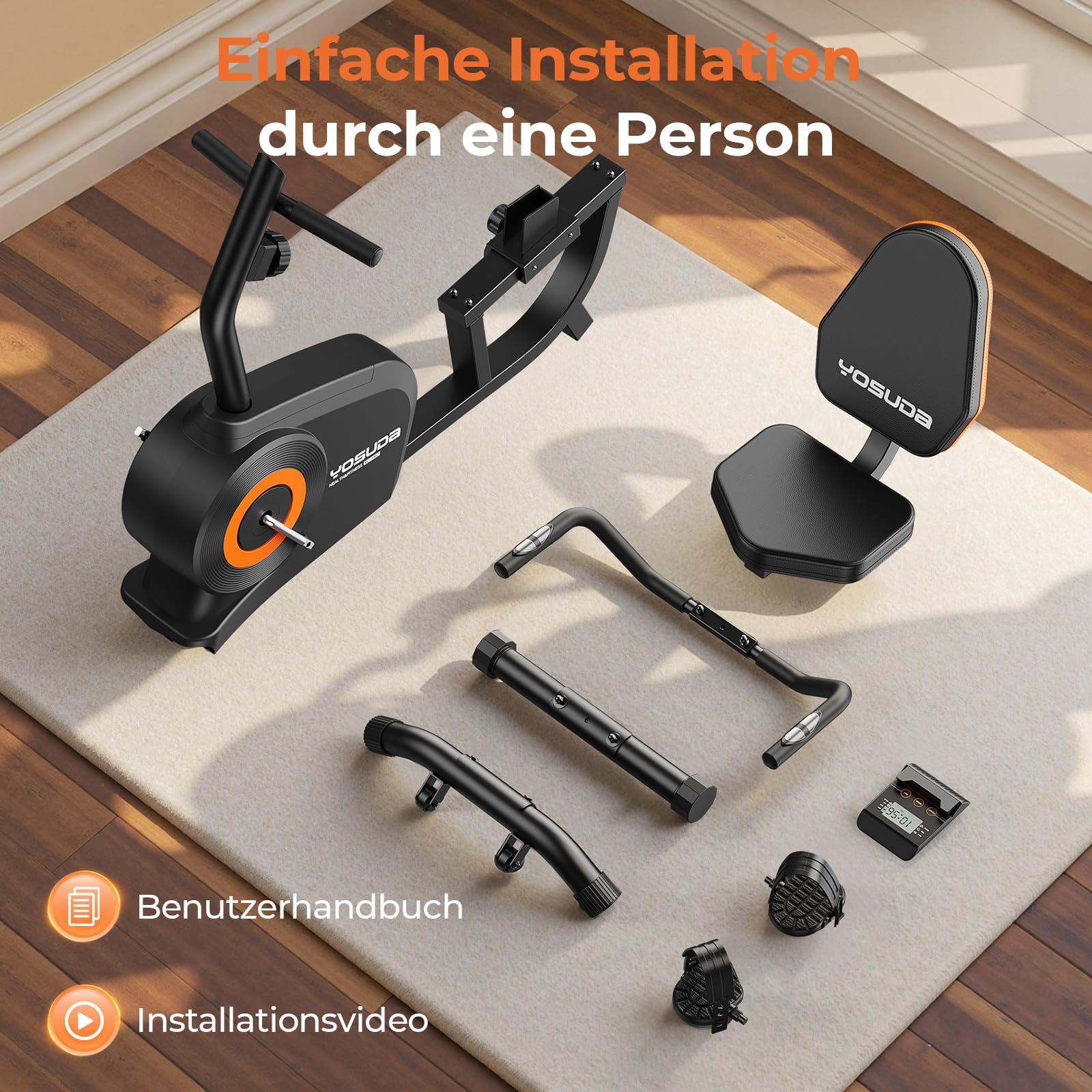 YOSUDA Liegeergometer Testsieger, 16 Widerstufen, Magnetbremse, Leise Liegerad Heimtrainer, verstellbarer Sitz, einfache Montage, LCD-Display und Pulssensoren, 160kg, Heimtrainer Fahrrad für Zuhause 9