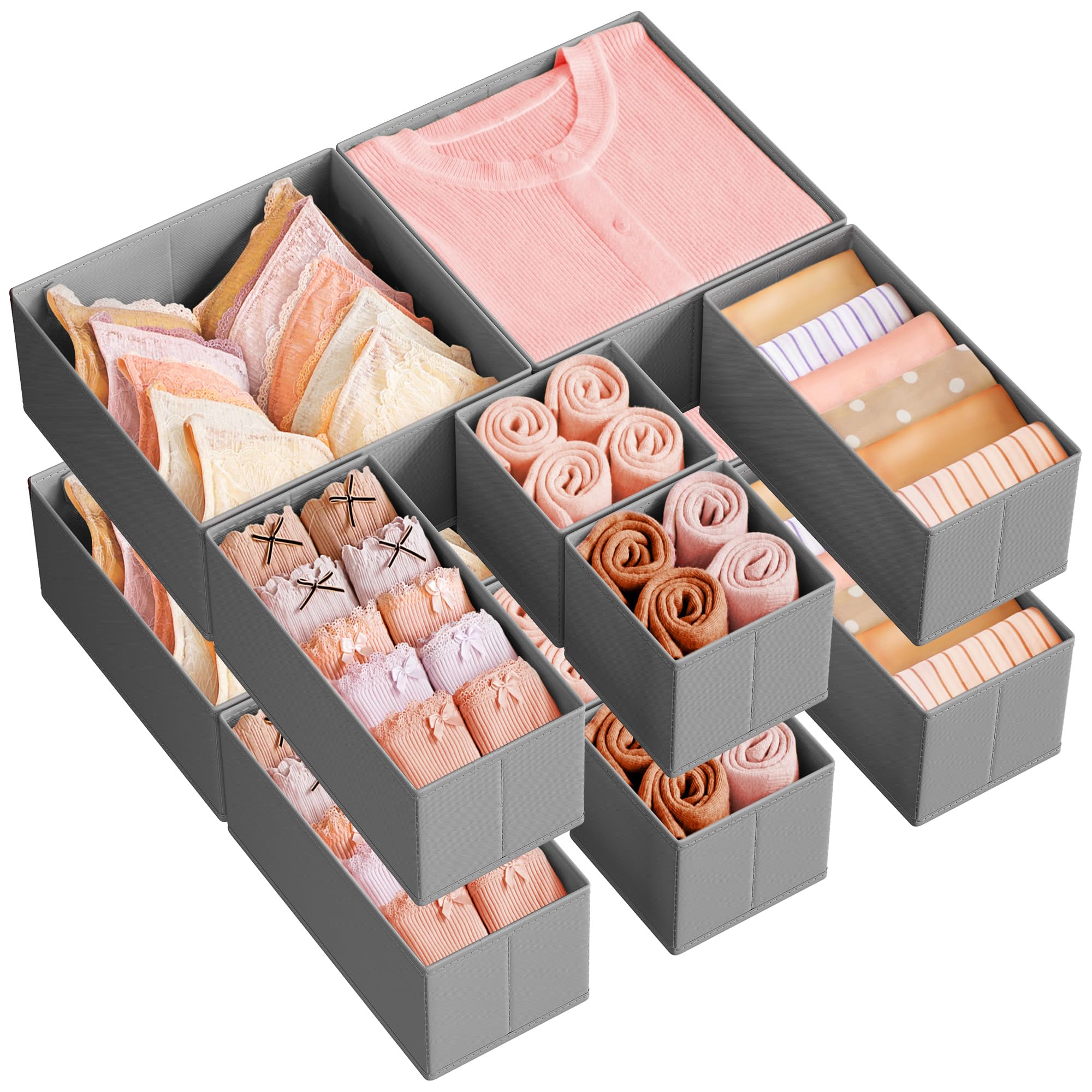 SONGMICS Drawer Organizers, Dresser Divider Organizers, Set of 12, Foldable Fabric Storage Boxes for Socks, Underwear, Bras, Ties, Scarves, Dove Gray URDZ006G02