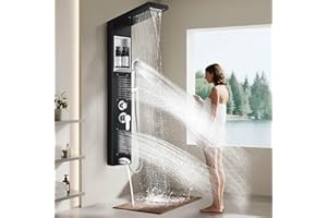 JAFETON Shower Panel System, Multi-Function Shower Tower With 5 Body Spray, 5 Handheld Settings & Shelf, Rainfall + Waterfall Shower Head, Rain Massage Spa System For Bathroom