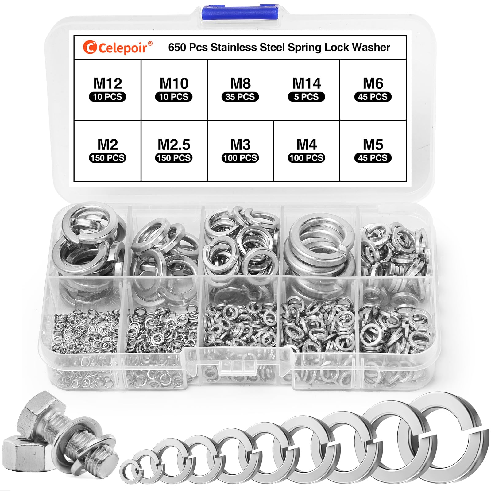 Celepoir 650 Pcs Spring Lock Washers, Metric Spring Washer Stainless 304, Rectangular Springsplit Locking Washer, Spiral Split Washers for Screws, DIN 127 Form B, M2 M2.5 M3 M4 M5 M6 M8 M10 M12 M14