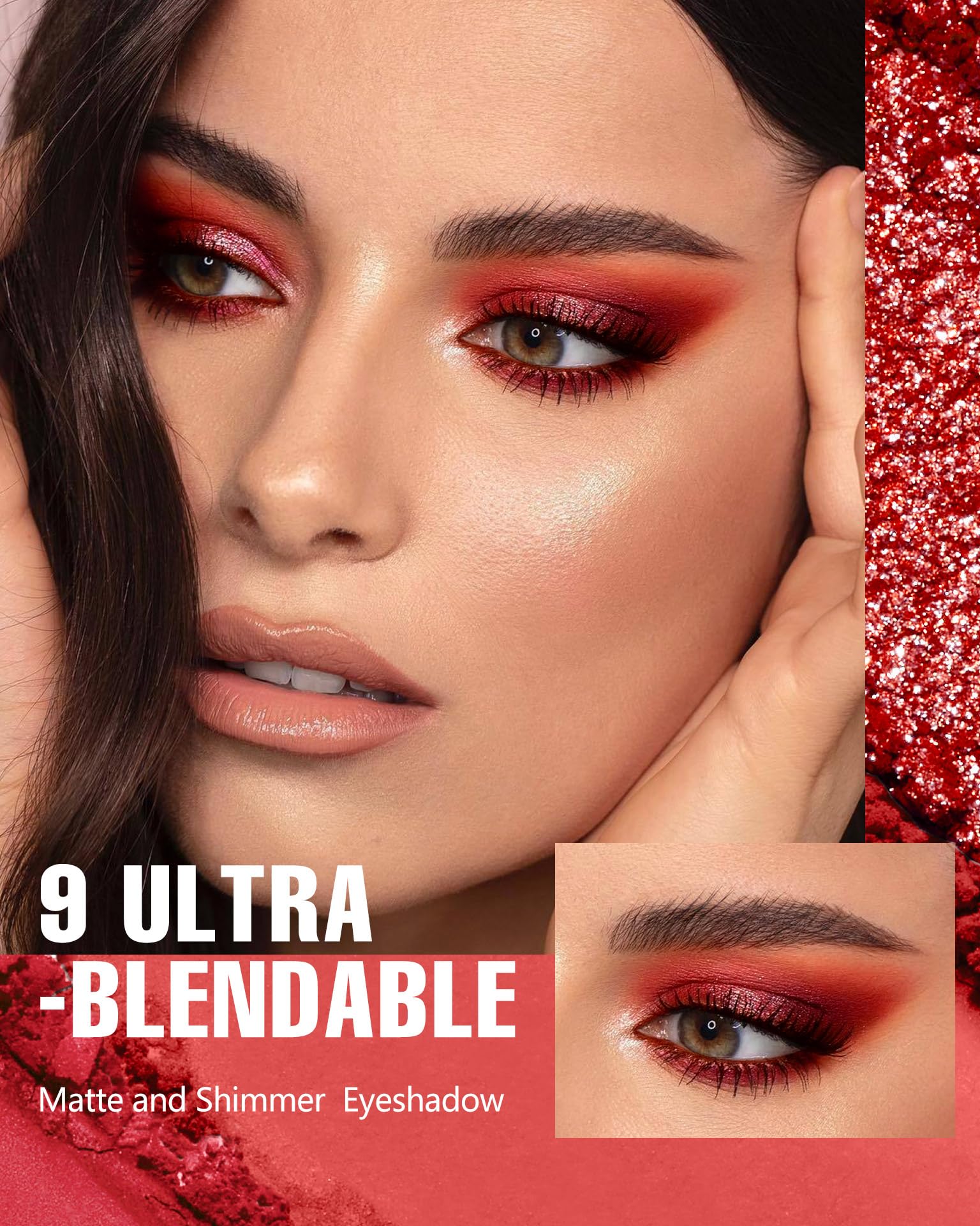 Red Eyeshadow Palette Matte Eye Shadow for Women Long Lasting High Pigmented 9 Shade Glitter Shimmer Matte Red Eye Shadows -9Red