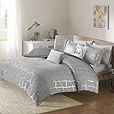 Intelligent Design Raina Full/Queen Comforter Set, Soft Microfiber, Modern Geometric Metallic Bed Set, 5 Pieces College Bedding with 2 Shams, 2 Toss Pillows Grey/Silver