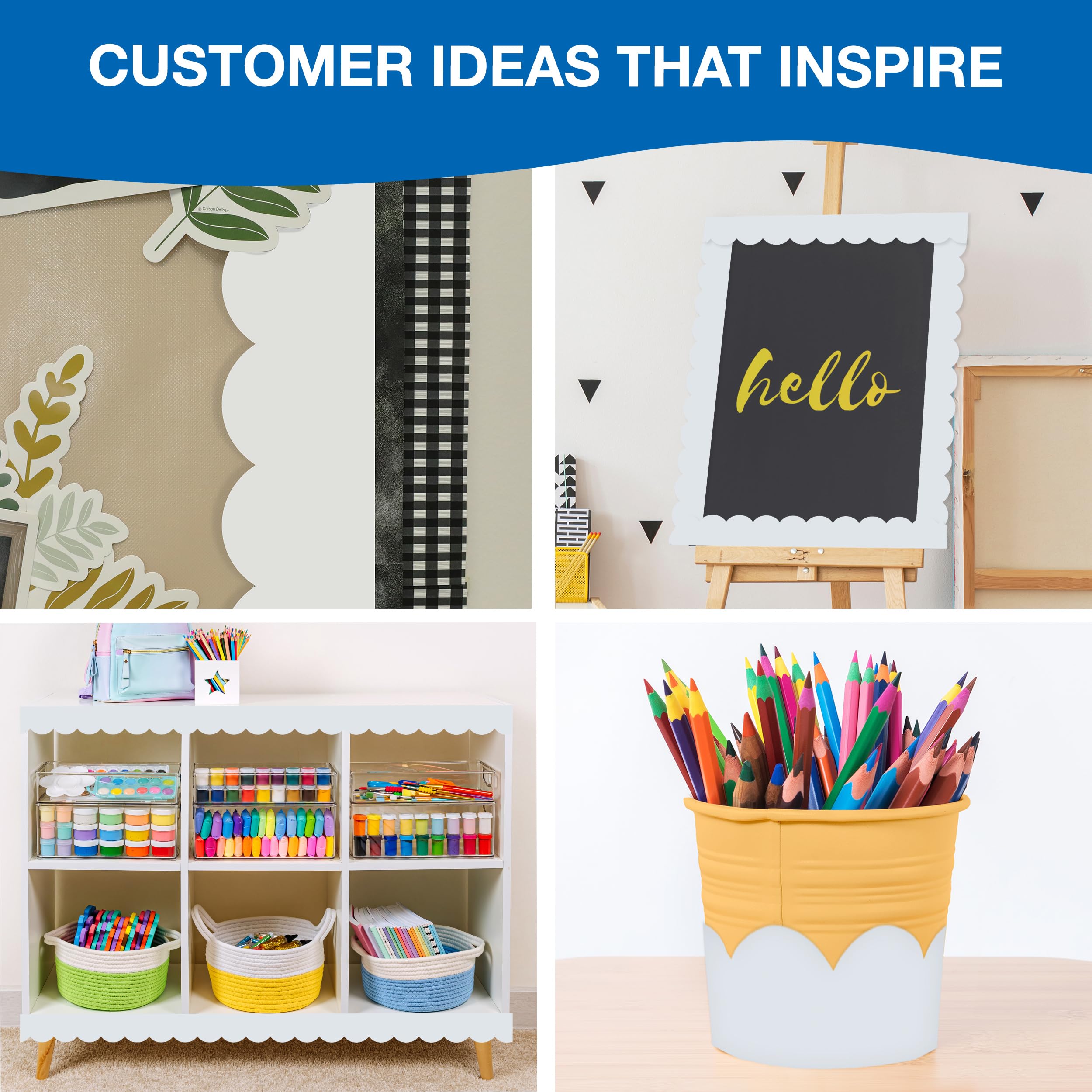 Carson Dellosa 65Ft of White Bulletin Board Borders, 1 Roll of Scalloped Trim for Rolling Whiteboard, Cork and Posterboard, Party, Office Decorations, and Classroom Decor