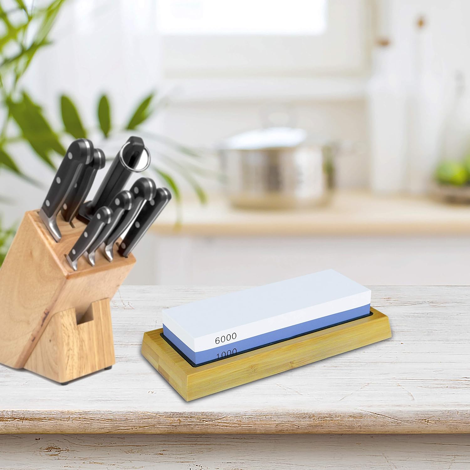 PHYEX Knife Sharpening Stone, Combination Dual Sided 1000/6000, with Non Slip Base, Flattening Stone & Angle Guide: Kitchen & Dining