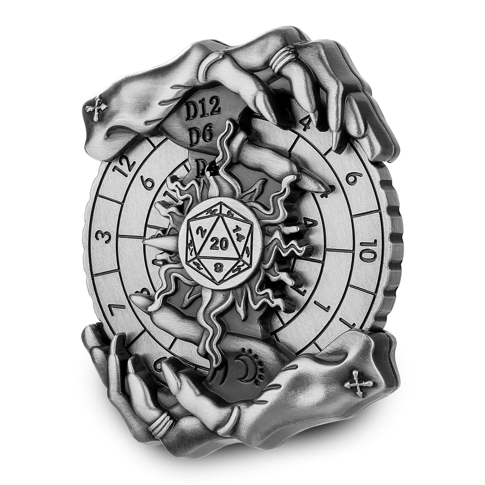 DND Wheel Cube Spinner, Fingertips Gyro, 7-in-1 Magic Hand Metallic D&D Dice, Magic Hand Roulette Dice Spinner for DND Dice Set, D&D Gifts with Box, Role Playing Board Game Accessories, Silver