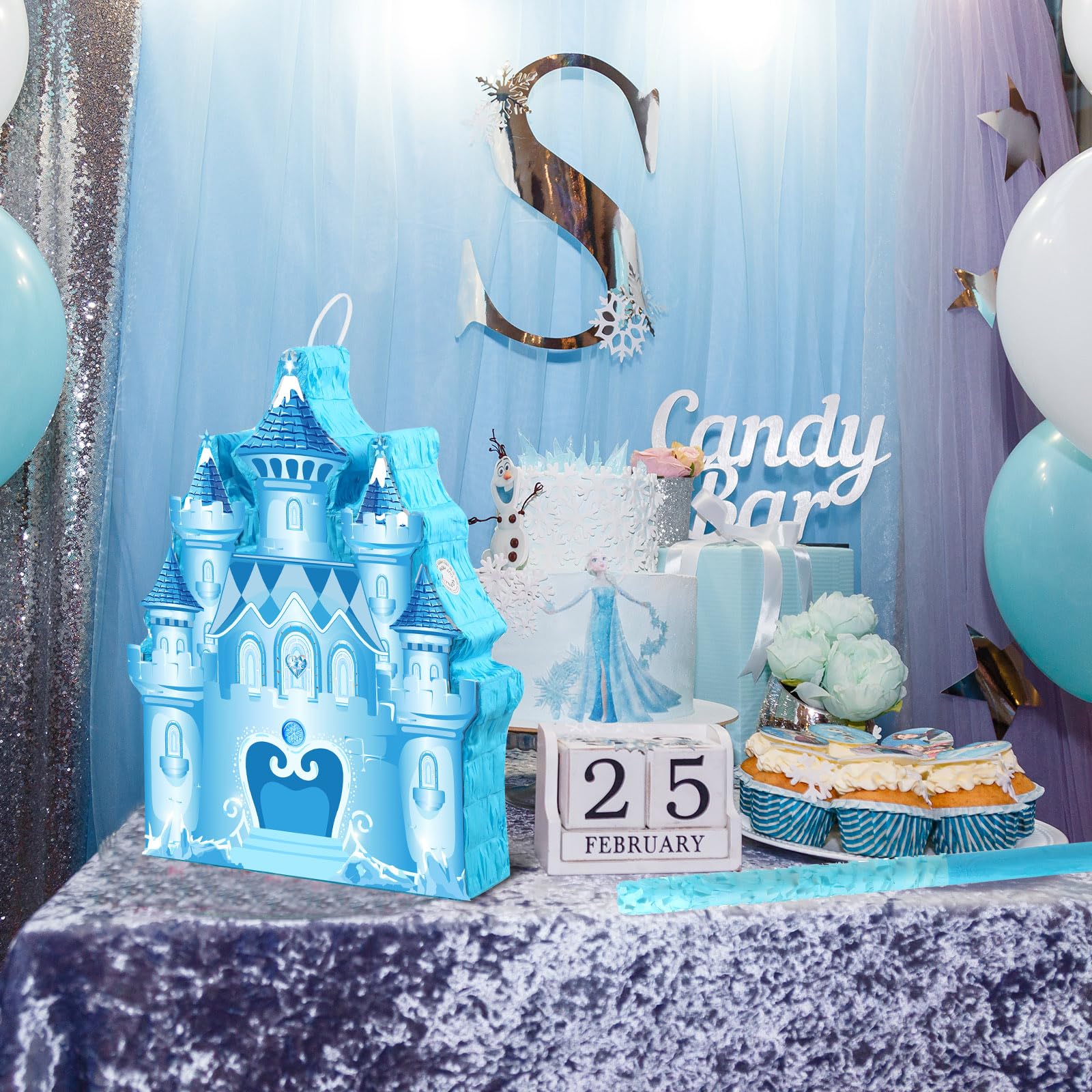 Winter Piñata Christmas Wonderland Themed Piñata with Blindfold Bat for Christmas Princess Winter Theme Birthday Party Supplies Decorations(Blue,Castle)