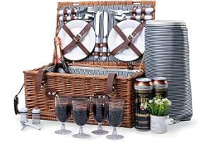 JOMIFIN Picnic Baskets for 4 Persons Retro Classic Willow Hamper Set with Waterproof Blanket for Camping &Outdoor Party (Retro Style)