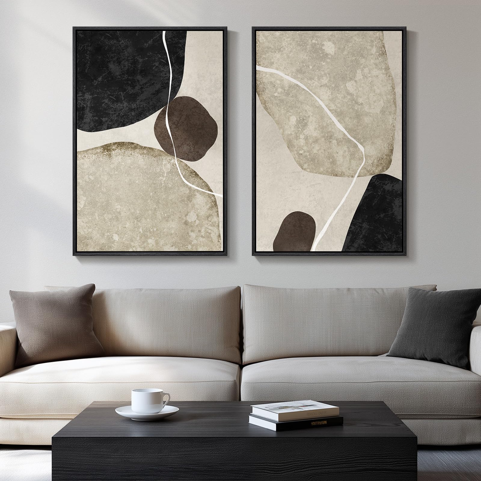 Photo 1 of Large Framed Neutral Abstract Wall Art Set of 2, Modern Black Beige Brown Canvas Prints Paintings Artwork for Walls, Minimalist Stone Shape Pictures for Living Room Dining Bedroom Wall Decor 24x36 In