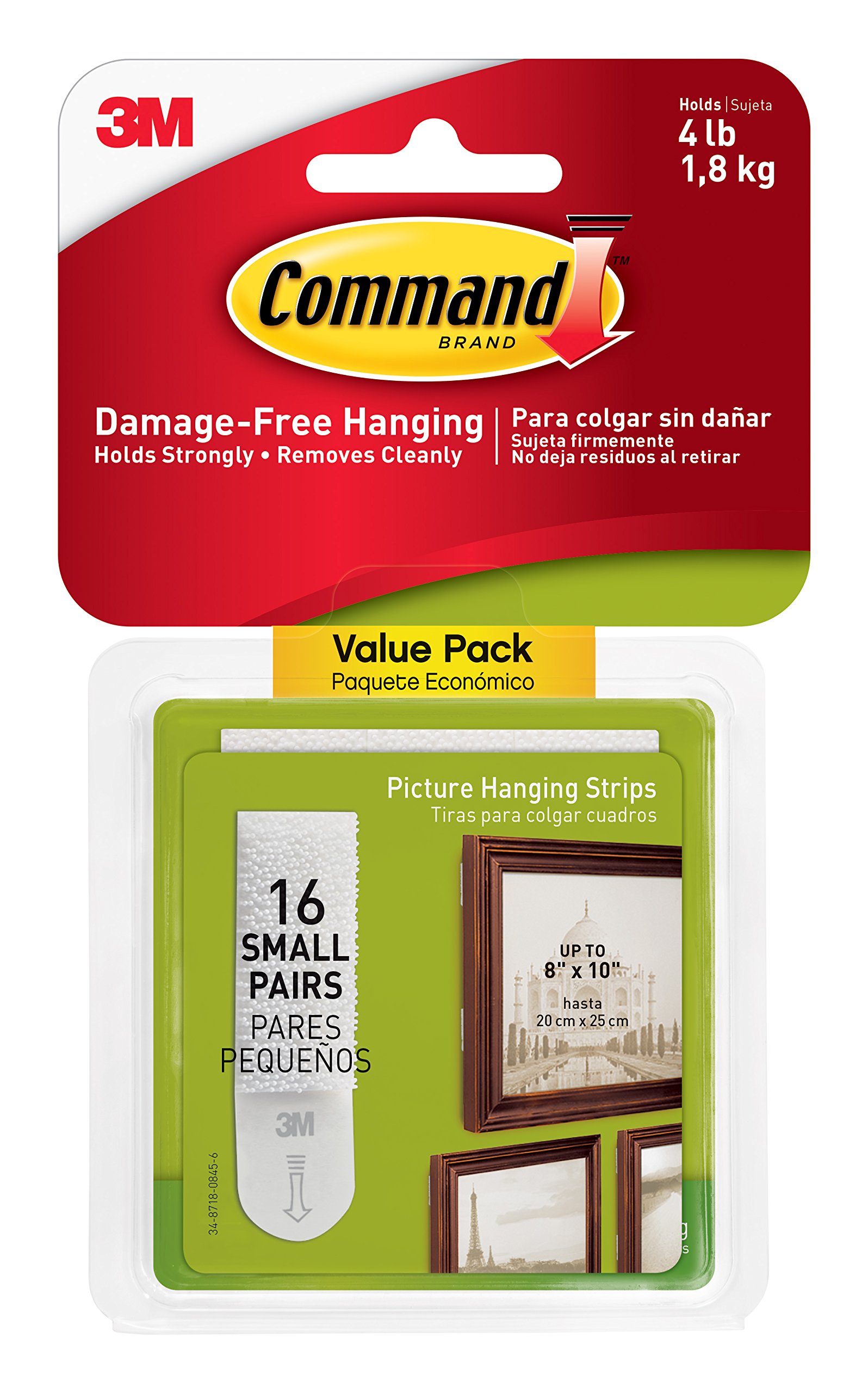 Command 17205-16ES 3M Small Picture Hanging Strips Create Gallery Walls, Strong and Versatile, 16 Pairs, White