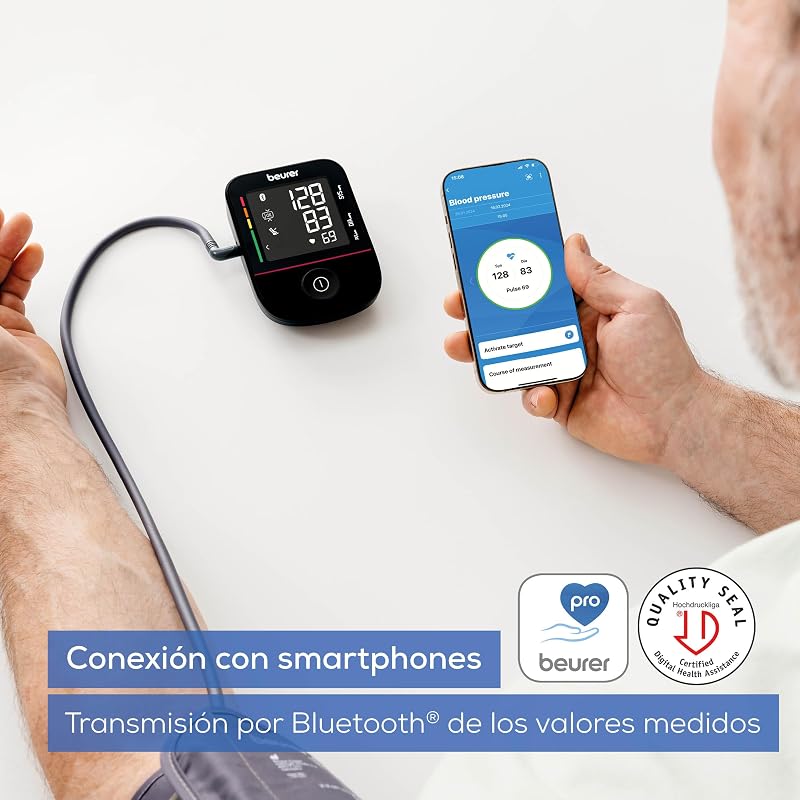 BM 48 Tensiómetro de brazo, operación sencilla con un solo botón, medición suave y rápida, detección de arritmias, 22-42 cm, con aplicación, transferencia de datos a Apple Health y más
