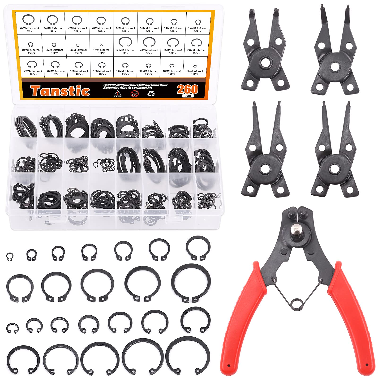 Tanstic 261Pcs 4 in 1 Snap Ring Pliers with 12 Sizes Internal and External Retaining Ring Assortment Kit, Snap Ring Snap Ring Pliers Remover Retaining Circlip Pliers