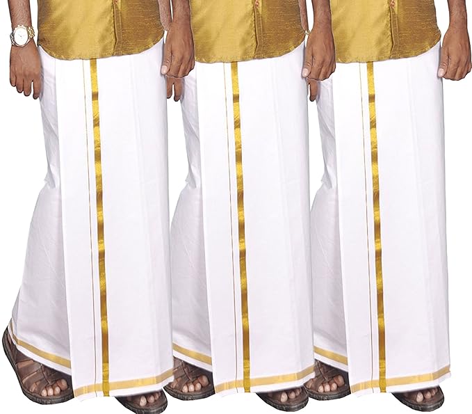 Mens Double (1.29 X 3.60 Meter) Jari Cotton (2CM Border) Dhoti With Pack of 3 Dhoties