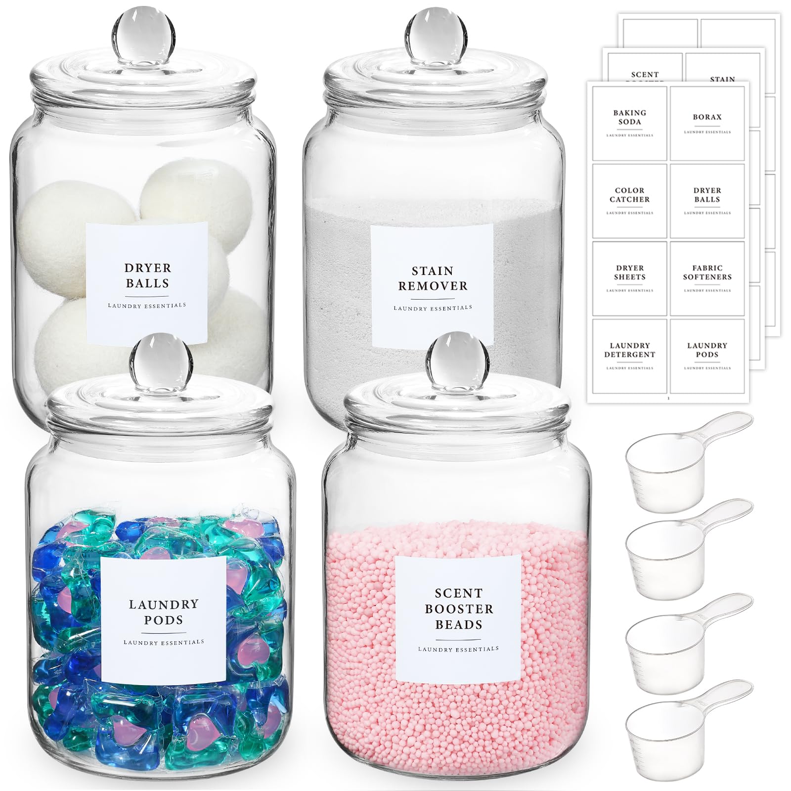 Photo 1 of 4 Pack Glass Jars with Lids and Labels, Glass Containers for Laundry Room Organization and Storage, Half Gallon Airtight Glass jars Holder for Laundry Detergent, Pods, Scent Booster Beads, 4 Spoons