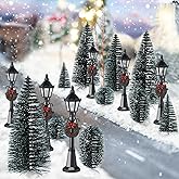 16 Pieces Christmas Village Accessories Set Frosted Christmas Pine Trees and Mini Street Lamp Post Bottle Brush Trees Miniature Village Trees for DIY Crafts Xmas Winter Holiday Decorations