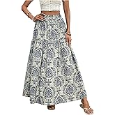 Milumia Women's Boho Vintage Floral Print Long Skirt Elastic High Waist A Line Tiered Maxi Skirt