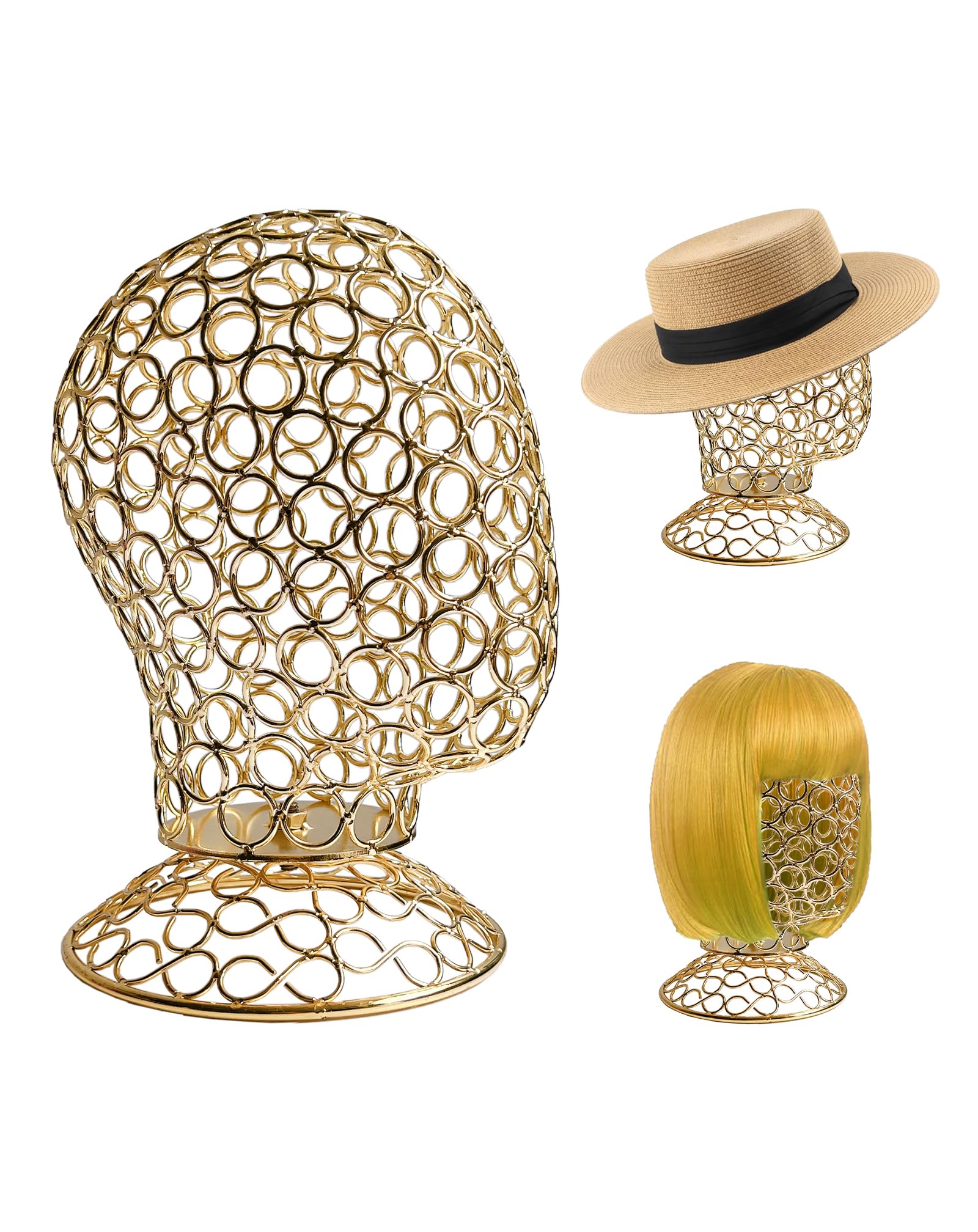 TINGSING Metal Hollow Wig Head Stand with Detachable Base - Mannequin Display Holder for Hats, Caps, Headdress, Glasses - Chrome Gold