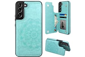 MMHUO for Samsung Galaxy S22 Case with Card Holder,Flower Magnetic Buttons Protective Wallet Cover for Women for Samsung Galaxy S22 5G (2022),Mint
