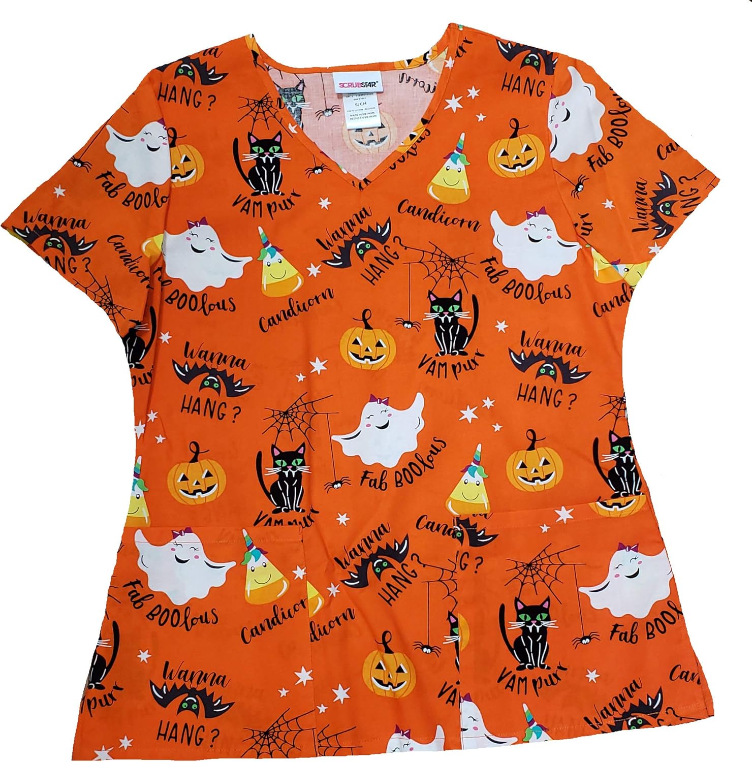 Halloween Mix Orange VNeck Scrub Top 2XL Amazon.co.uk Clothing