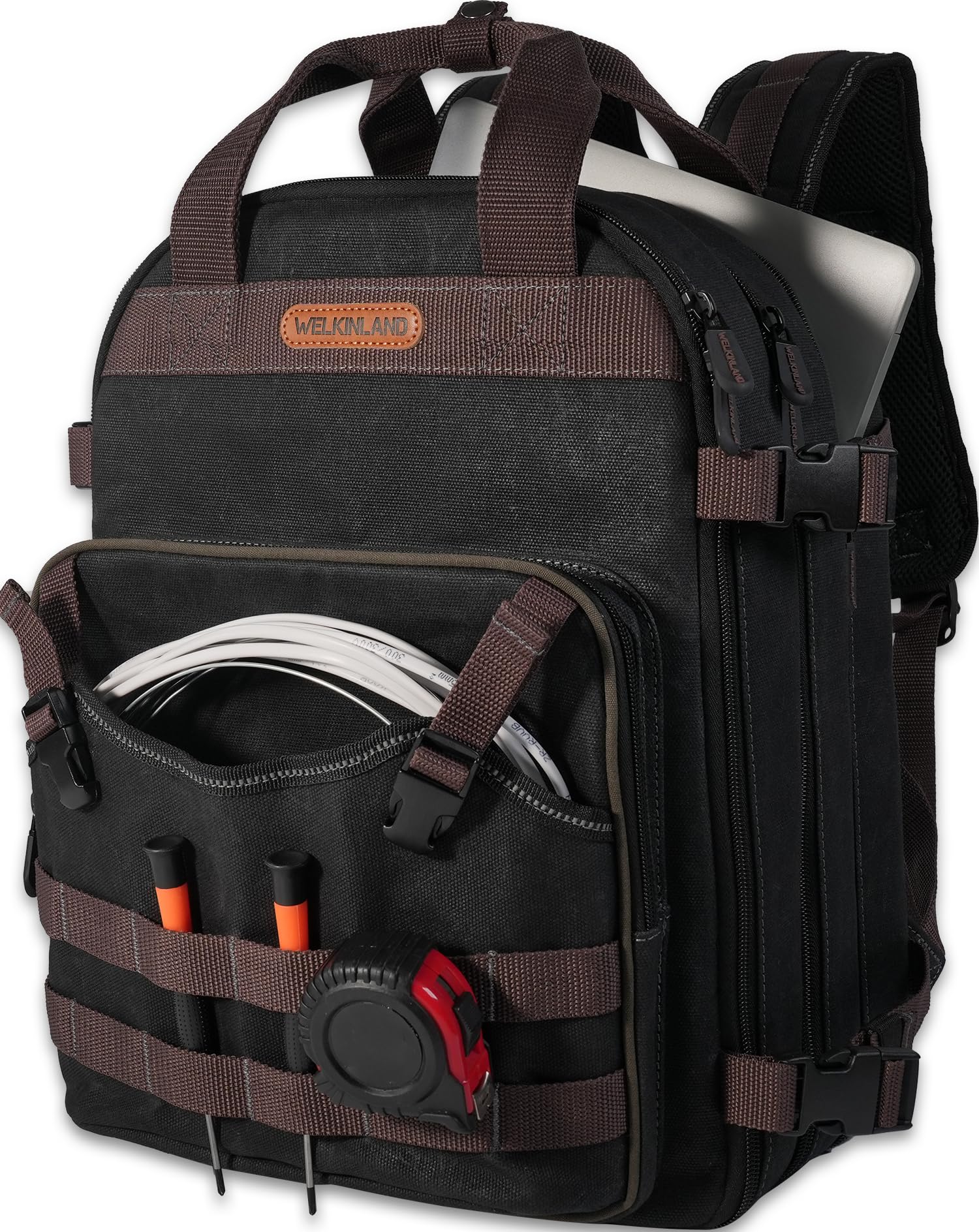 WELKINLAND 90-Pockets Electrician Backpack, Wax-Canvas Tool Backpacks Heavy Duty, Convenient Work Tool Back pack With Pockets