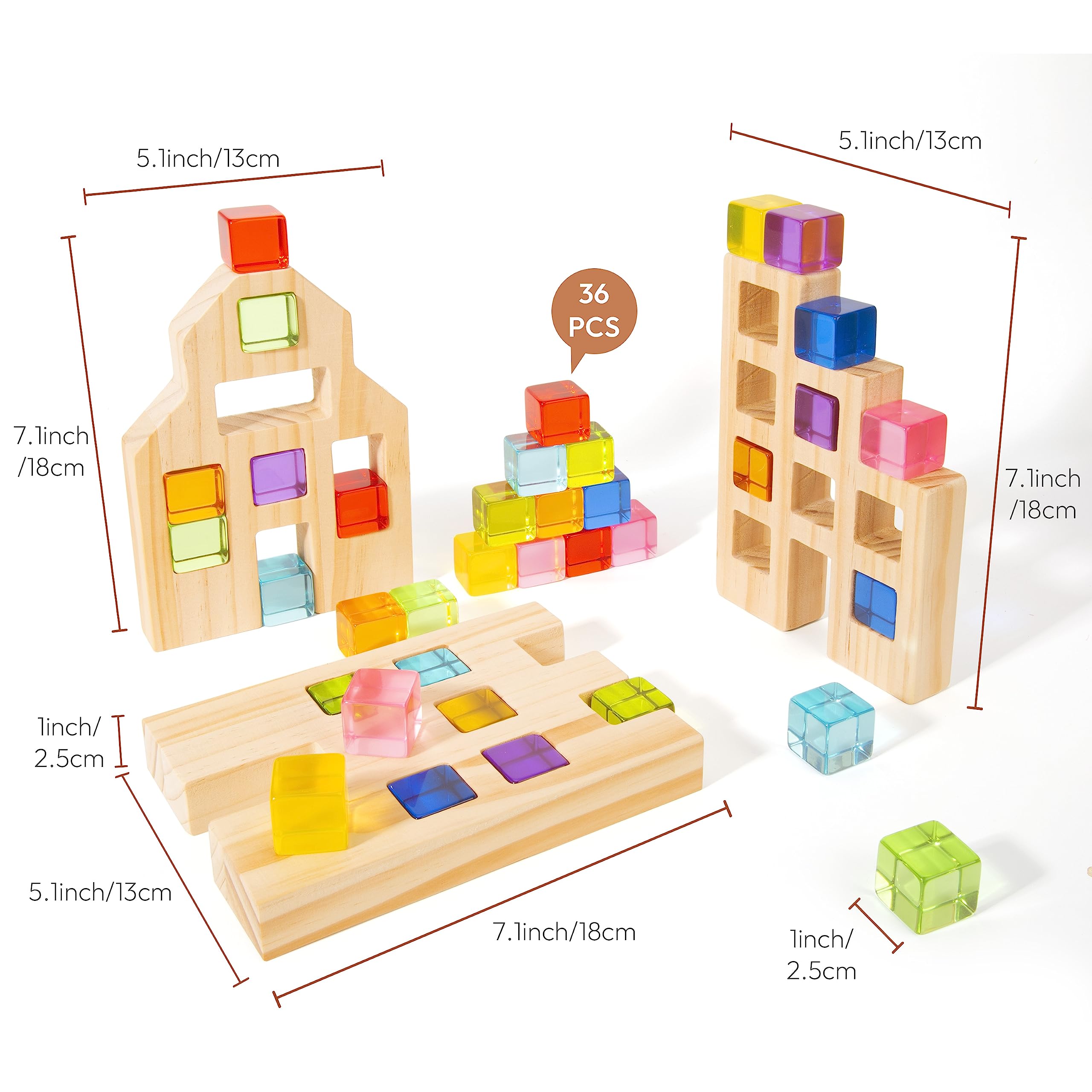 Woodtoe Wooden Building Blocks Set for Kids, 36 PCS Rainbow Acrylic Gem Cubes Blocks - 3 Wood House, Montessori Stacking Toy for Toddlers, Educational STEM Christmas Toys for Boys Girls 3-6