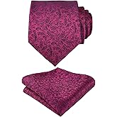 Alizeal Mens 3.15'' Leaf Flower Pattern Tie with Floral Pocket Square Set, Magenta