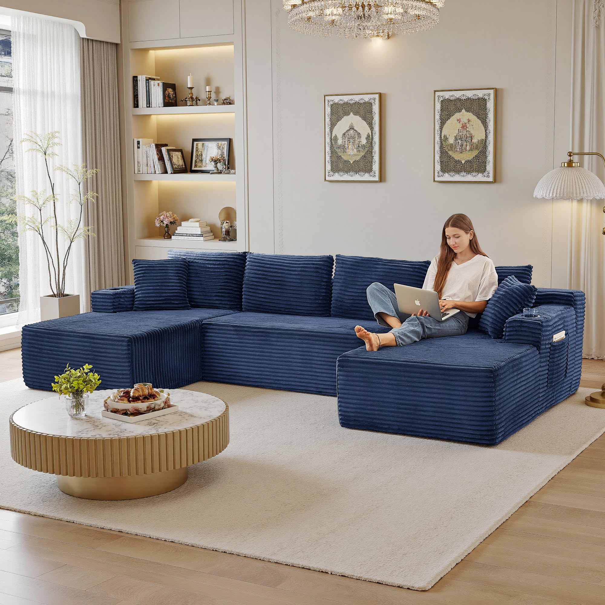 133" Sectional Couches for Living Room Cloud Couch Sofa with L-Shape Upholstered Boneless Couchs Modern Modular Sectional Couch with Chaise (Bule, 133" W+U Facing Chaise)
