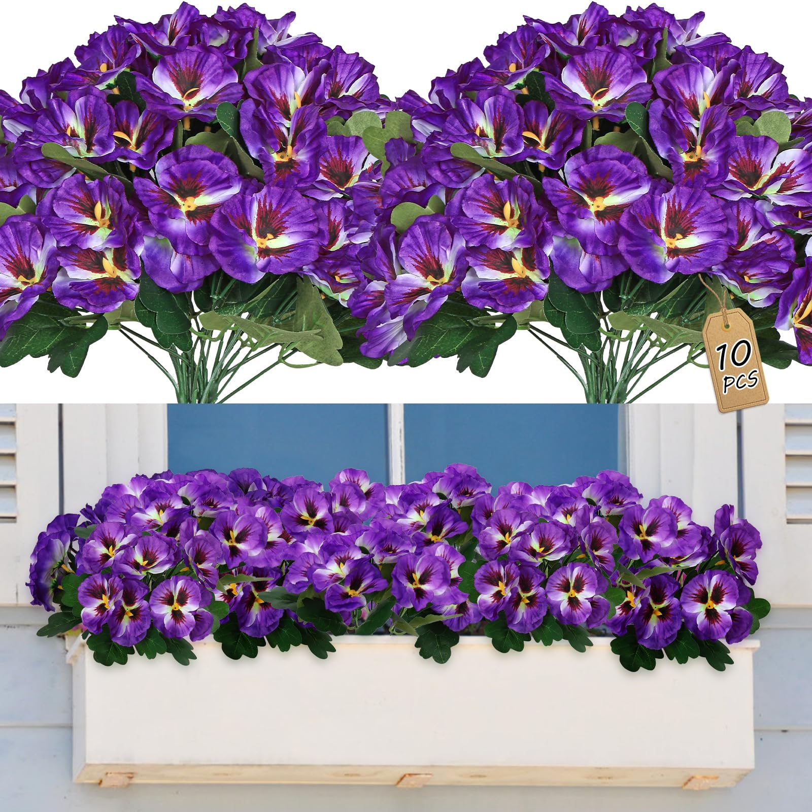 SOMYTING 10 Pcs Artificial Pansies for Outdoor Artificial Silk Flowers UV Resistant Faux Flowers Plastic Plants for Front Porch Garden Window Box Hanging Planter Decoration (Purple)