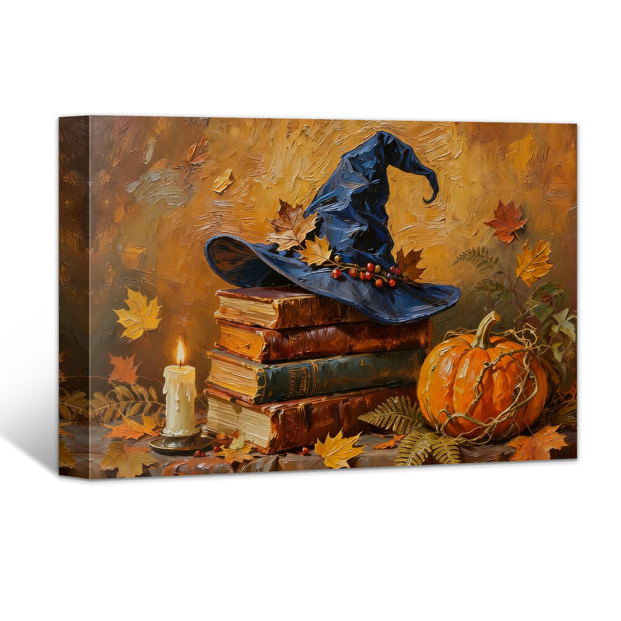 Halloween Canvas Wall Art Decor,Vintage Spooky Pumpkin Witch Hat Poster Painting Prints,Halloween Pictures Wall Decorations for Bedroom,Living Room,Bathroom (Style 4, Framed 12'' X 8'')