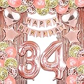 ROTASLOG 34th Birthday Decorations for Her: Rose Gold '34' Balloons, Banner, Foil Hearts, Gold Confetti, Curtains & Ribbon