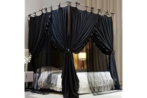 AIOOO 4 Corners Post Princess Curtain Bed Canopy Double Layer Cozy Mosquito Net Mesh and Cloth for Girls Adults Bedroom Decoration (Double-Black/Black, 59" W*82" L*82"*H/(Queen))