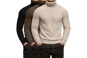 Locoowai 3 Pack Men's Ribbed Turtleneck Shirts, Long Sleeve Mock Neck Lightweight Pullover Sweaters Knit Base Layer Tee Tops
