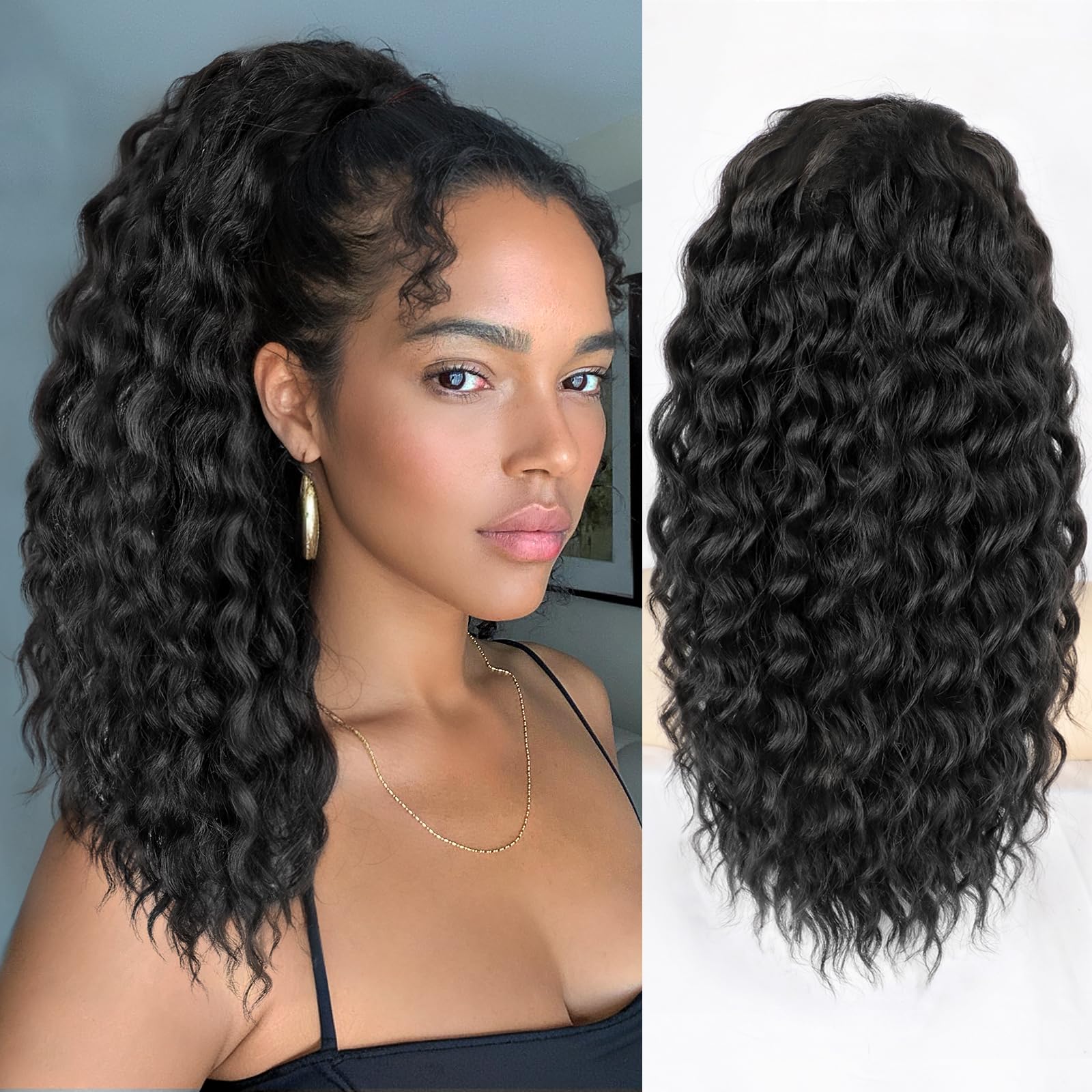 Photo 1 of SHNMIN Ponytail Extension,Curly Drawstring Ponytail Extension for Black Women Natural Black Curly Clip in Hair Extensions 18 Inch Synthetic Hairpiece for Daily Party
