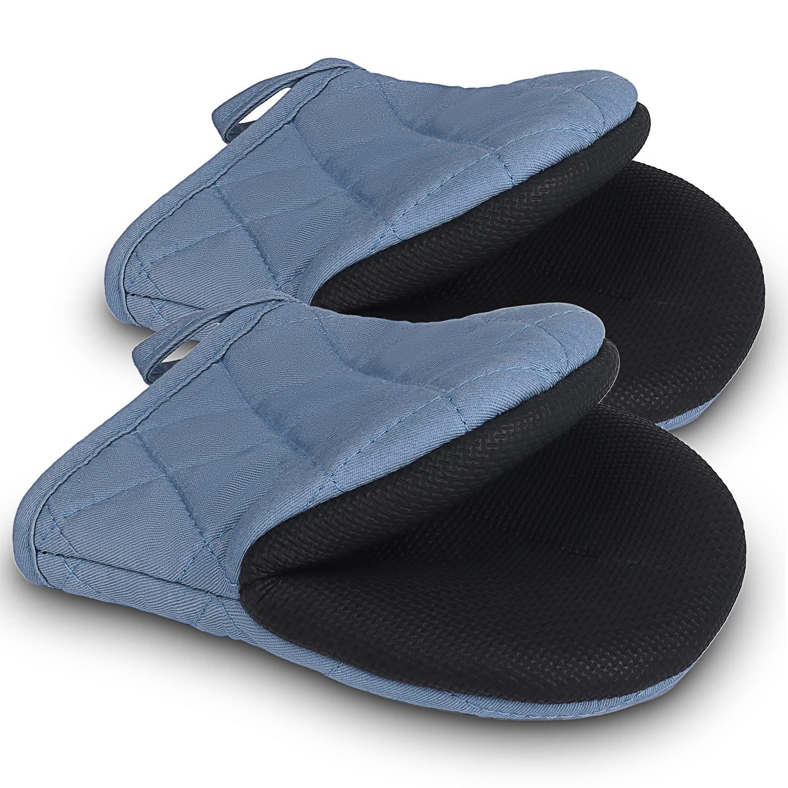 Goldmeet 1 Pair Short Oven Mitts, Heat Resistant Silicone Kitchen Mini Mitts for 500 Degrees, Non-Slip Grip Surfaces and Hanging Loop Glove, Baking Grilling Barbecue Microwave Machine Washable, Blue